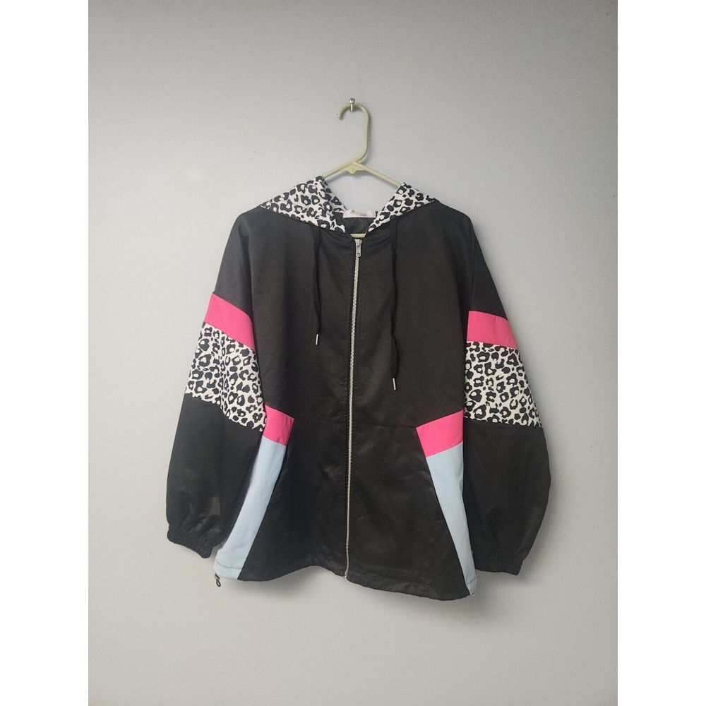 Back Home Boutique Women's Black Leopard Color‎ Block Full Zip Hooded Jacket